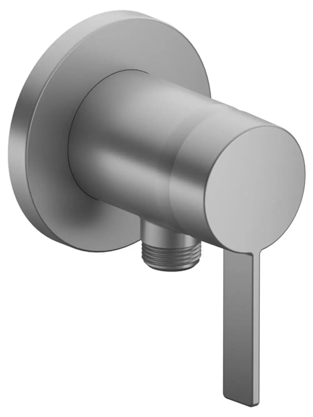 Kompakter, runder Mischer mit Schlauchanschluss in Aluminium-Finish von Keuco, geeignet für Wandmontage in modernen Bädern.